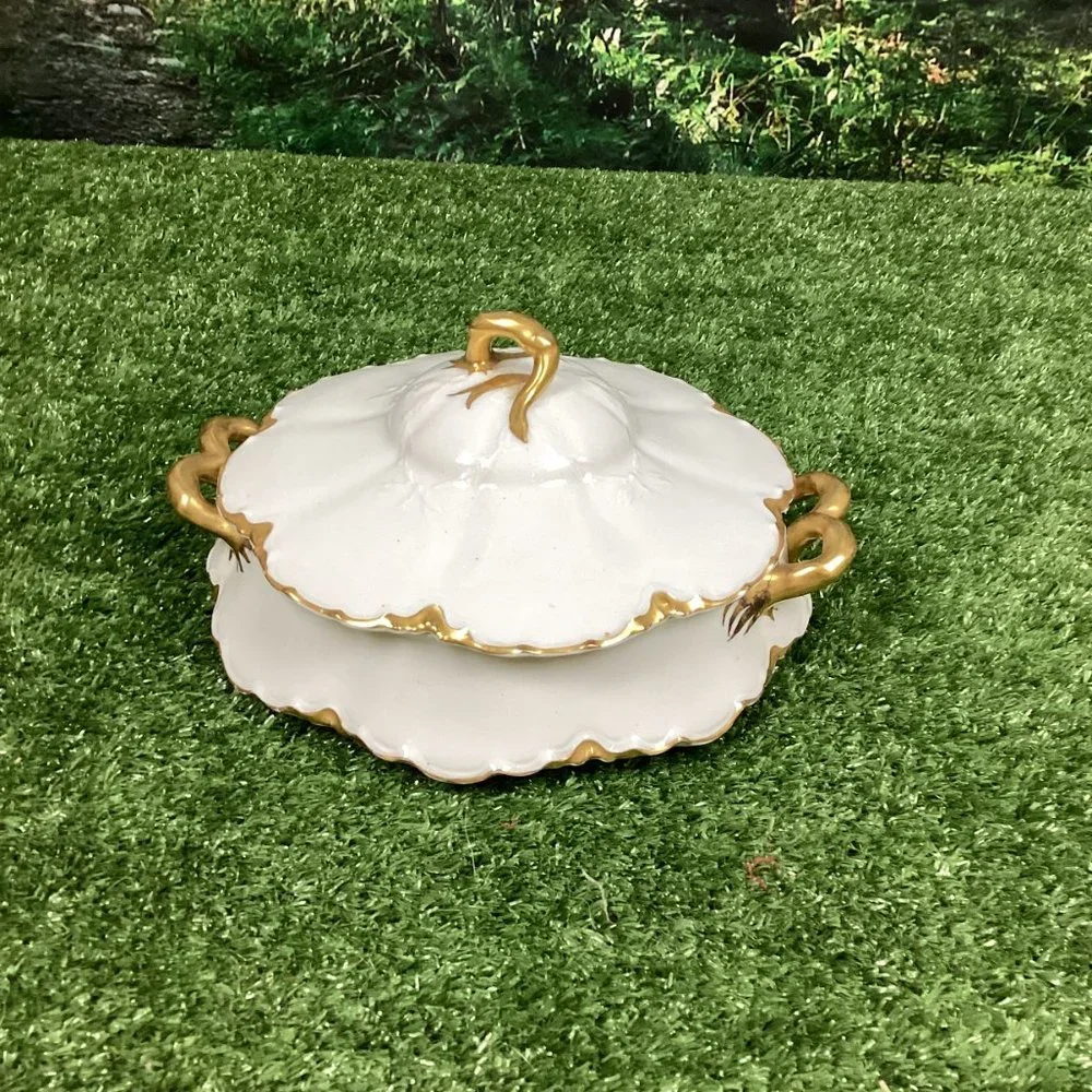 Antique Haviland Limoges Gold & White Porcelain Tureen Covered Bowl